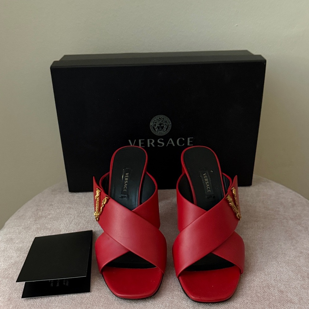 Versace Red Mules with Gold Accent